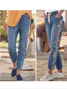 Driftwood Coastal Swell Floral Embroidered Joggers Garden Girl Sz Medium